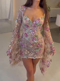 Sheath/Column Square Neckline/Sweetheart Long Sleeves Short/Mini Lace/Tulle/Sequined Evening Dresses