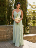 A-Line V-Neck Sleeveless Floor-Length Chiffon Bridesmaid Dresses With Split Front/Cascading Ruffles
