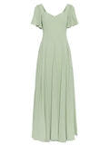 A-Line V-Neck Short Sleeves Floor-Length Chiffon Evening Dresses With Pleated