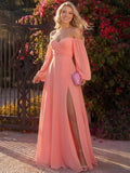 A-Line Off-The-Shoulder Long Sleeves Chiffon Floor-Length Prom Dress