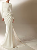 Trumpet/Mermaid Scoop Neck Long Sleeves Court Train Elastic Satin Bride Wedding Dress With Appliques Lace