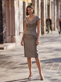 Sheath V-Neck Short Sleeves Knee-Length Satin Mother Of The Bride Dresses With Cascading Ruffles