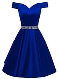 A-Line Off-The-Shoulder Sleeveless Knee-Length Satin Evening Dresses With Rhinestone