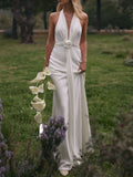 Trumpet/Mermaid Halter/Plunge Neck Sleeveless Cathedral Crepe Satin Wedding Dresses With Flower(s)