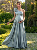 A-Line One-Shoulder Sleeveless Floor-Length Satin Maternity Bridesmaid Dresses With Flower(s)