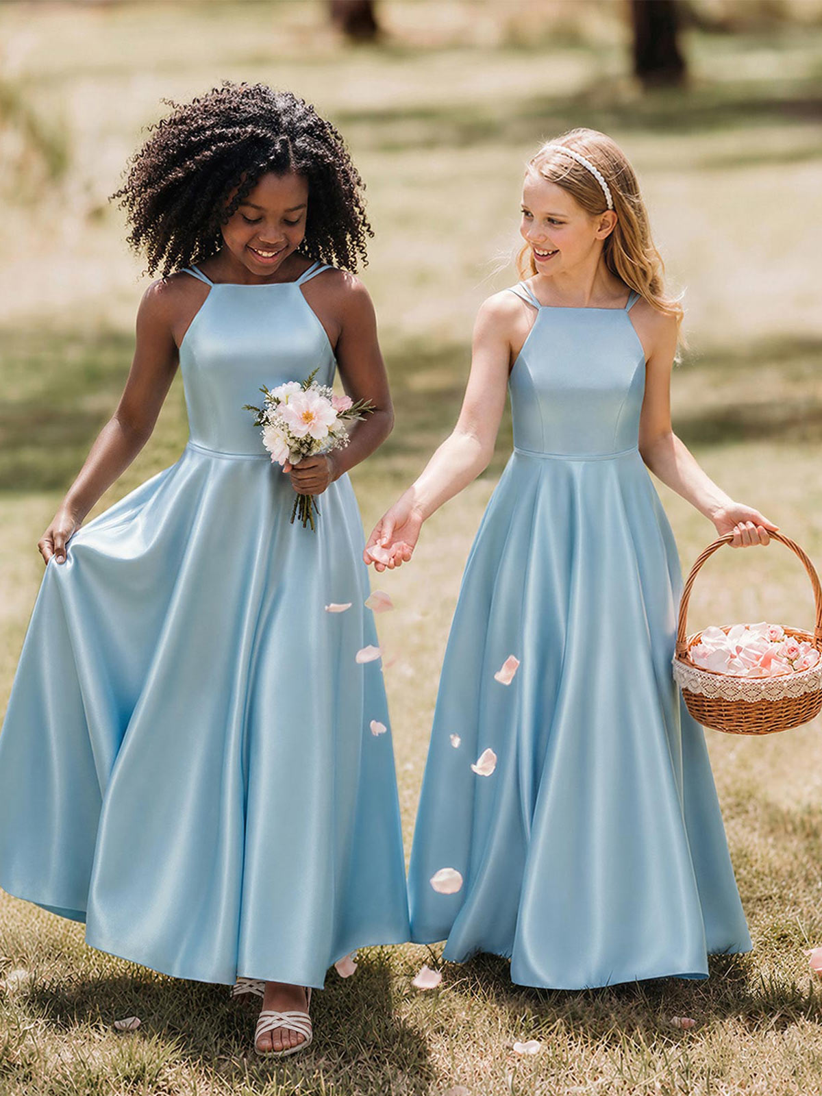 A-Line Square Neckline Sleeveless Ankle-Length Satin Junior Bridesmaid Dresses