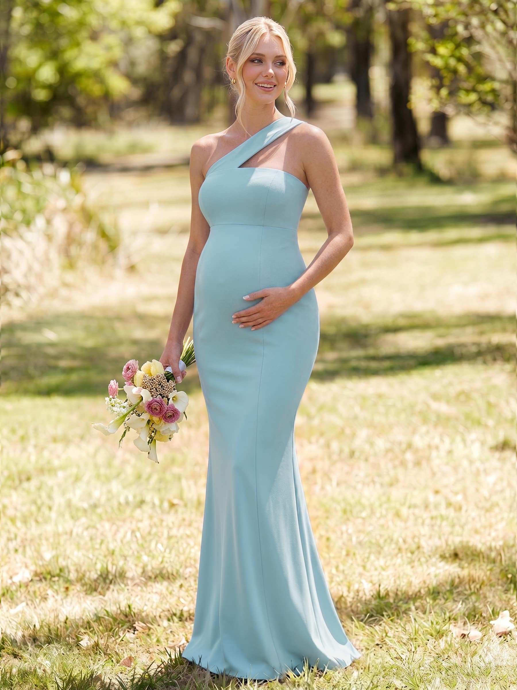 Sheath/Column One-Shoulder Sleeveless Floor-Length Elastic Satin Maternity Bridesmaid Dresses