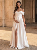 A-Line Off-The-Shoulder Sleeveless Floor-Length Satin Maternity Wedding Dresses With Bow(s)/High Split