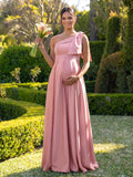 A-Line One-Shoulder Sleeveless Floor-Length Satin Maternity Bridesmaid Dresses With Bow(s)/Pockets