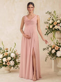 A-Line Cowl Neck Sleeveless Floor-Length Chiffon Maternity Bridesmaid Dresses With High Split