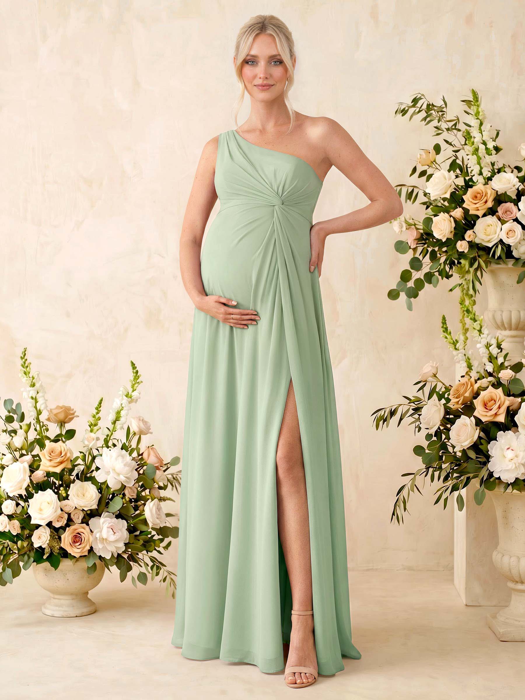 A-Line One-Shoulder Sleeveless Floor-Length Chiffon Maternity Bridesmaid Dresses With High Split
