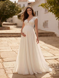 A-Line V-Neck Floor-Length Chiffon/Lace Maternity Wedding Dresses With Appliques Lace