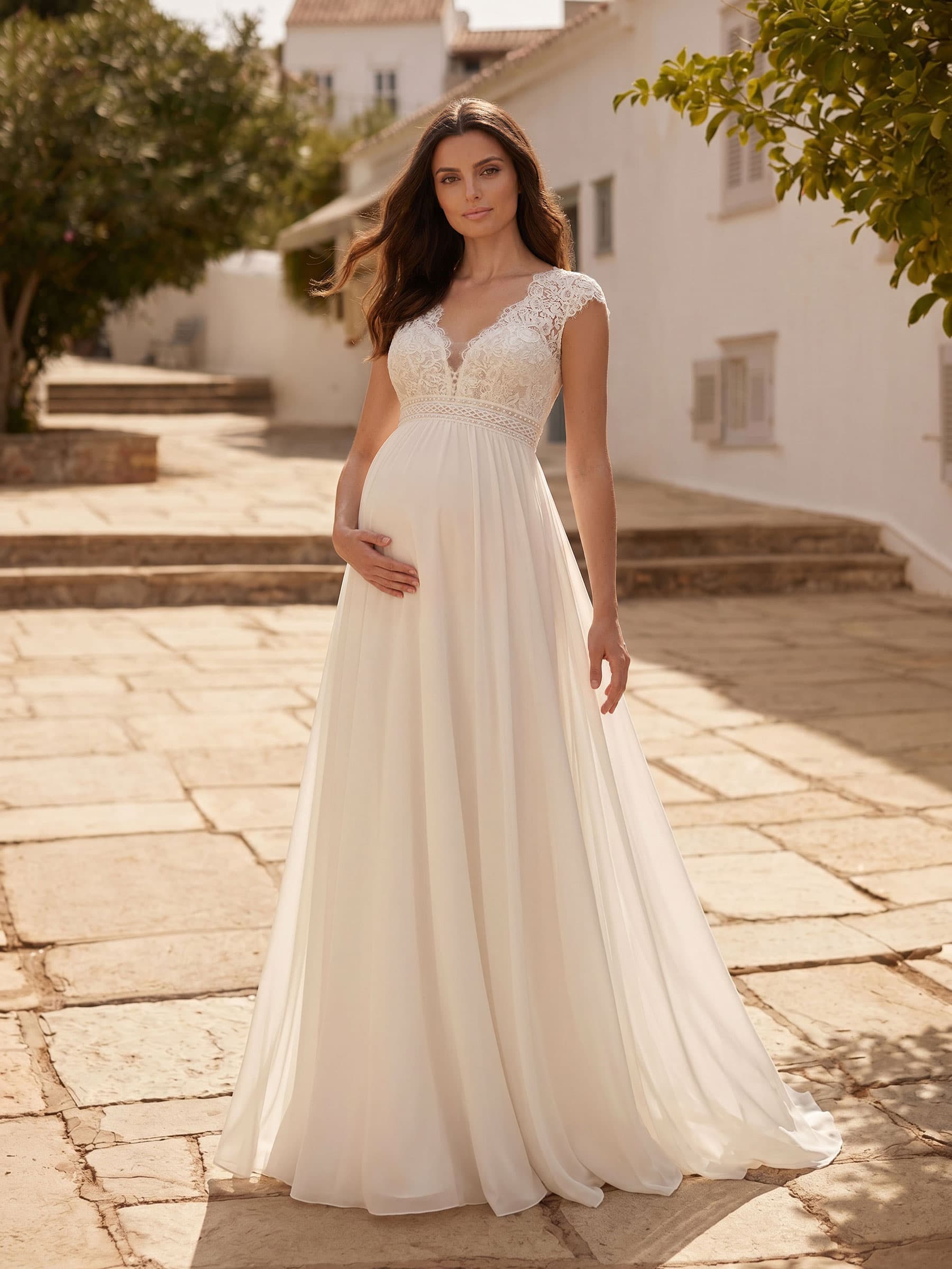 A-Line V-Neck Floor-Length Chiffon/Lace Maternity Wedding Dresses With Appliques Lace