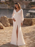 Trumpet/Mermaid V-Neck Long Sleeves Floor-Length Chiffon Maternity Wedding Dresses With High Split