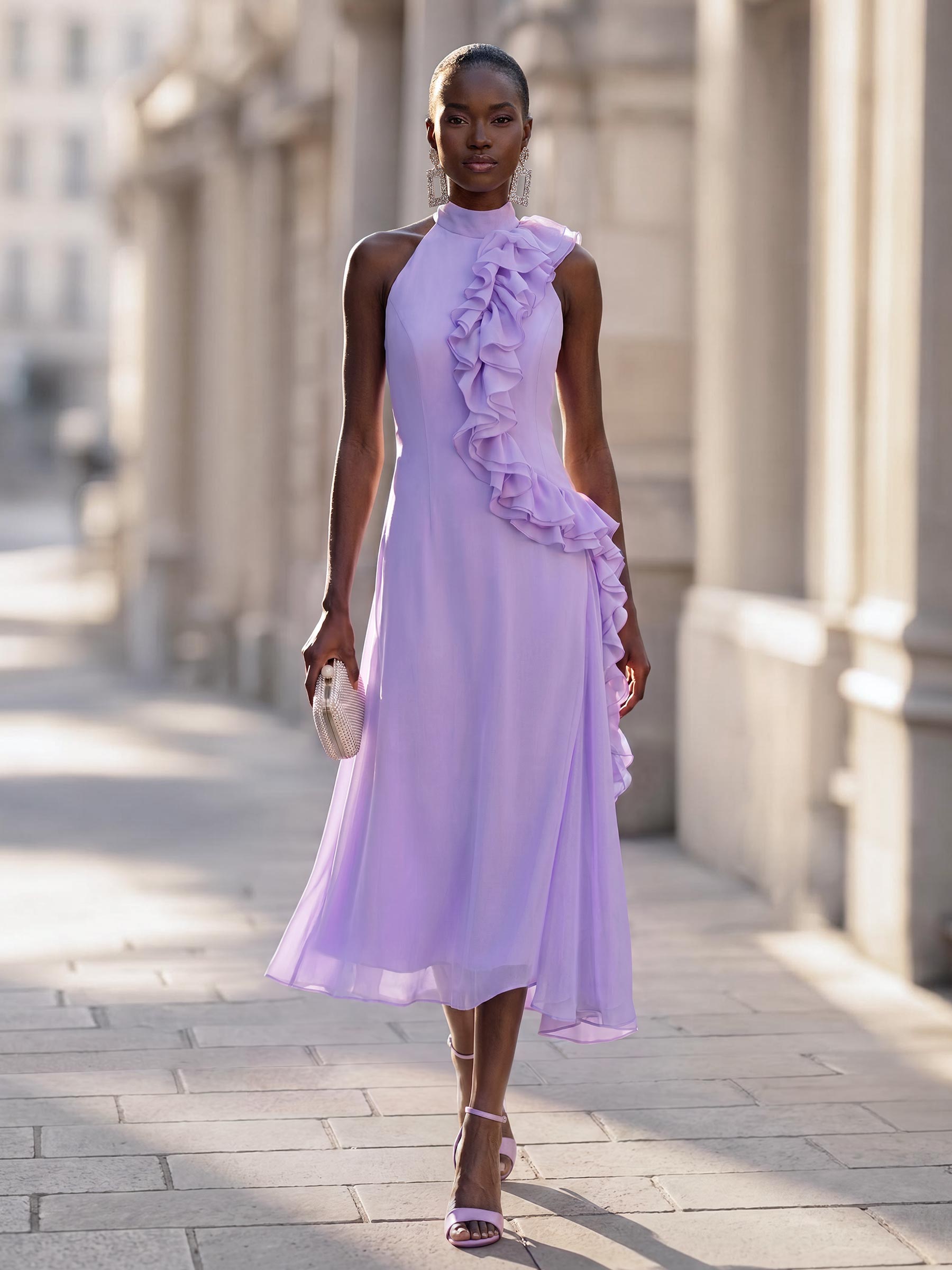 Elegant High Neck Sleeveless Mermaid Ankle-Length 30D Chiffon Cocktail Dresses With Cascading Ruffles
