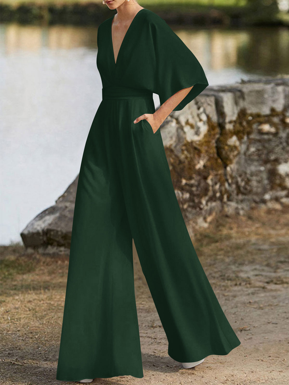 Jumpsuit/Pantsuit V-Neck 1/2 Sleeves Elastic Satin Floor-Length Mother Of The Bride Dress