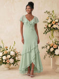 Sheath/Column V-Neck Sleeveless Asymmetrical Chiffon Bridesmaid Dresses With Cascading Ruffles