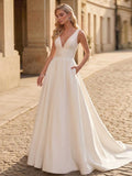 A-Line V-Neck Sleeveless Satin Chapel Train Wedding Dress With Pockets