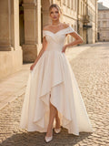 A-Line Off-The-Shoulder Asymmetrical Elastic Satin Wedding Dresses