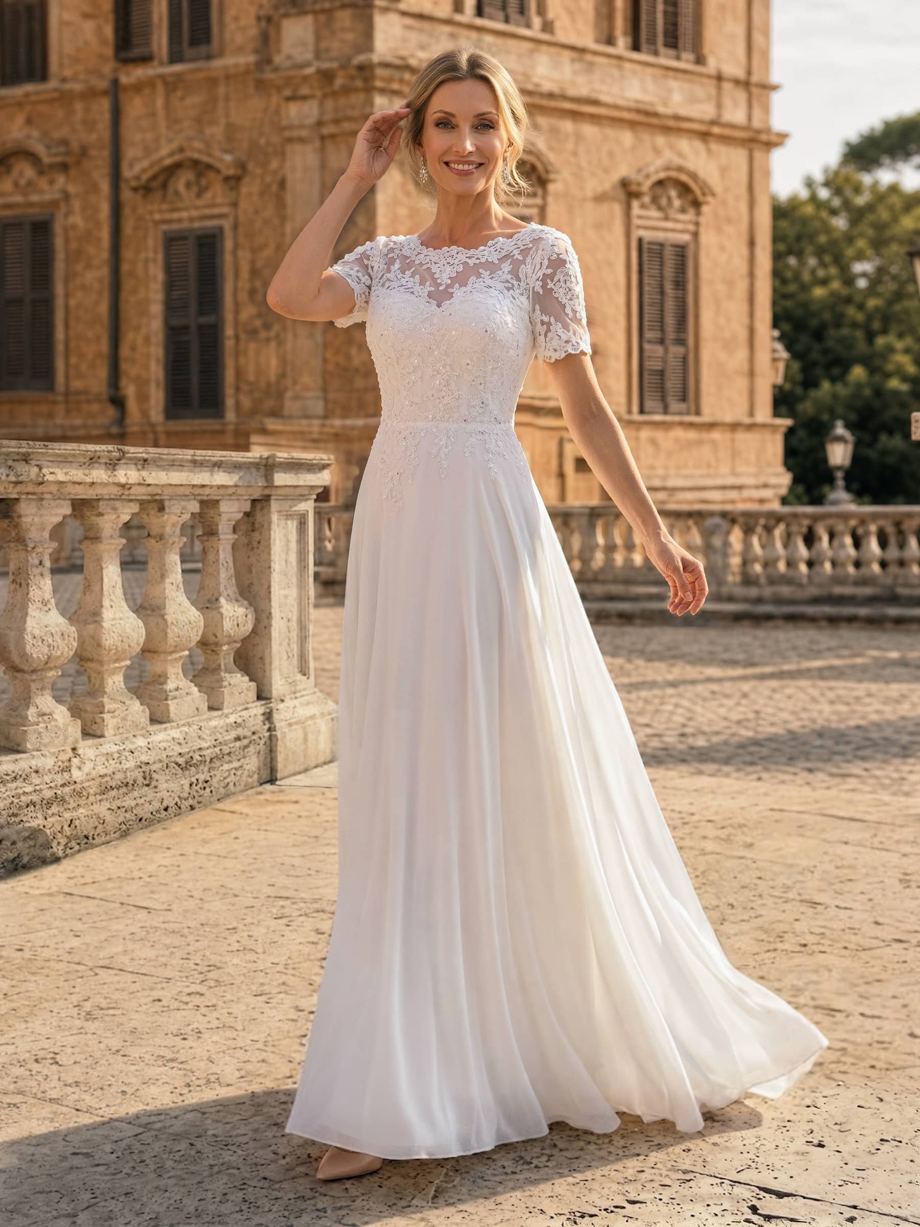 A-Line Scoop Neck Short Sleeves Floor-Length Chiffon Bride Wedding Dress With Lace