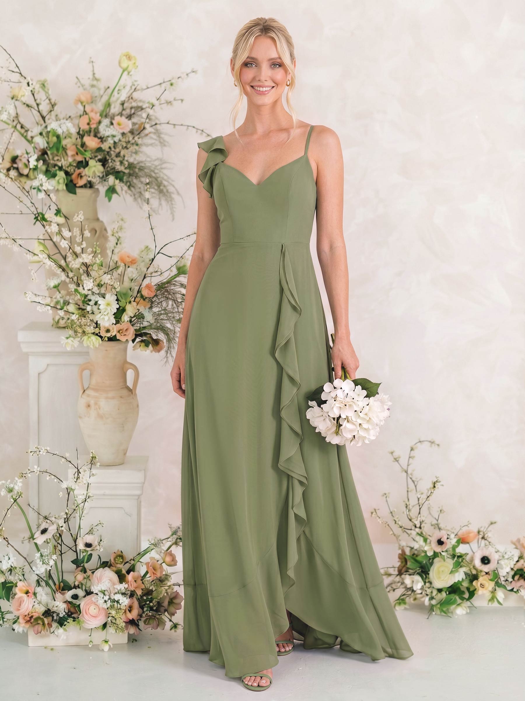 A-Line V-Neck Sleeveless Asymmetrical Chiffon Bridesmaid Dresses With Cascading Ruffles/Shoulder Ruffle