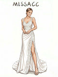 Trumpet/Mermaid V-Neck Sleeveless Sweep Train Matte Satin Wedding Dresses With Split Front/Appliques Lace