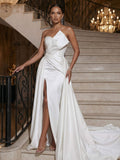 A-Line Sleeveless Court Train Satin Wedding Dresses With Split Front