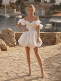 A-Line Sweetheart Detachable Sleeves Short Mini Soft Satin Wedding Dresses With Bubble Hem