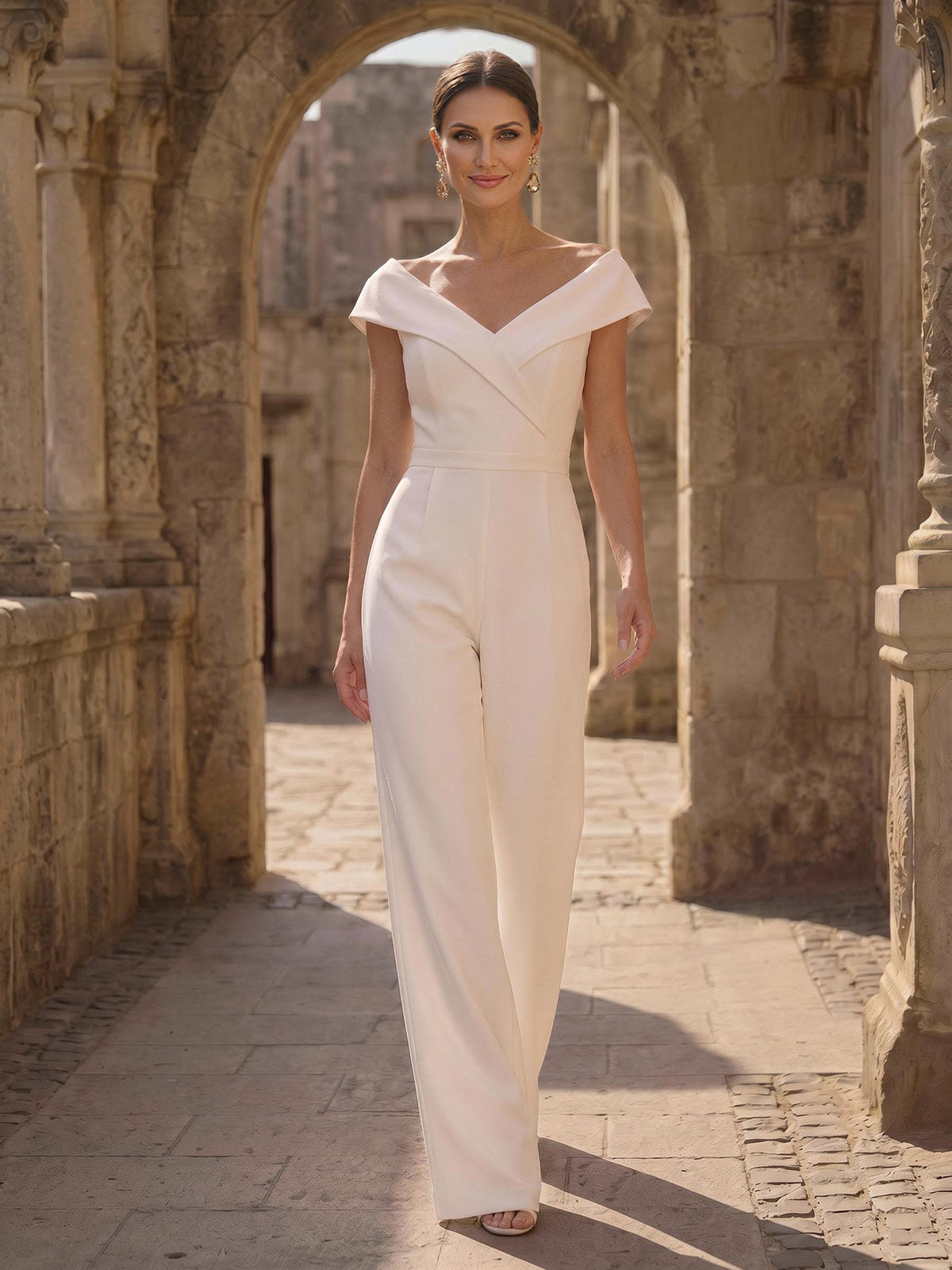 Jumpsuit/Pantsuit V-Neck Sleeveless Floor-Length Elastic Satin Evening Dresses