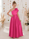 A-Line One-Shoulder Sleeveless Satin Junior Bridesmaid Dresses With Bow(s)