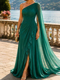A-Line One-Shoulder Cape Sleeves Sweep Train Chiffon Evening Dresses With Cascading Ruffles/High Split