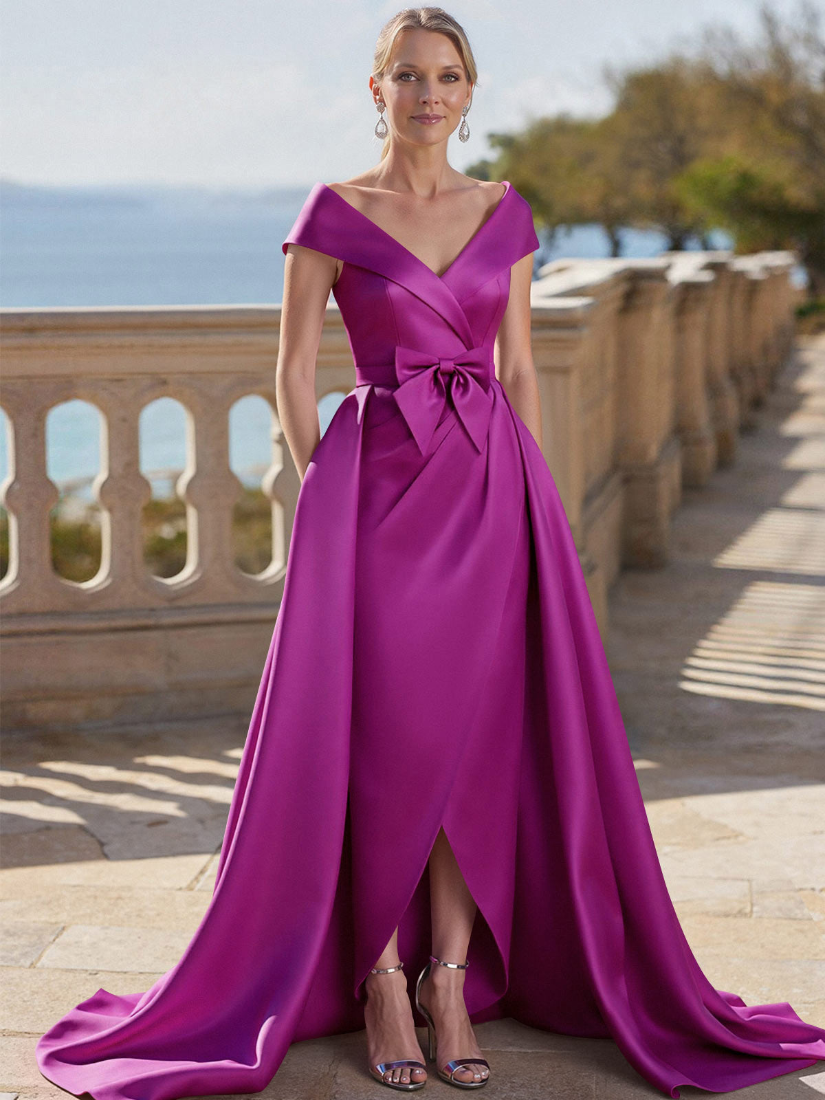 Elegant Off-The-Shoulder Sleeveless Detachable Satin Mother Of The Bride Dresses With Bow(s)