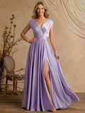A-Line V-Neck Cape Sleeves Floor-Length Stretch Satin Mother Of The Bride Dresses With High Split