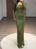 Sparkle & Shine Square Neckline Long Sleeves Back Slit Floor-Length Lace Evening Dresses