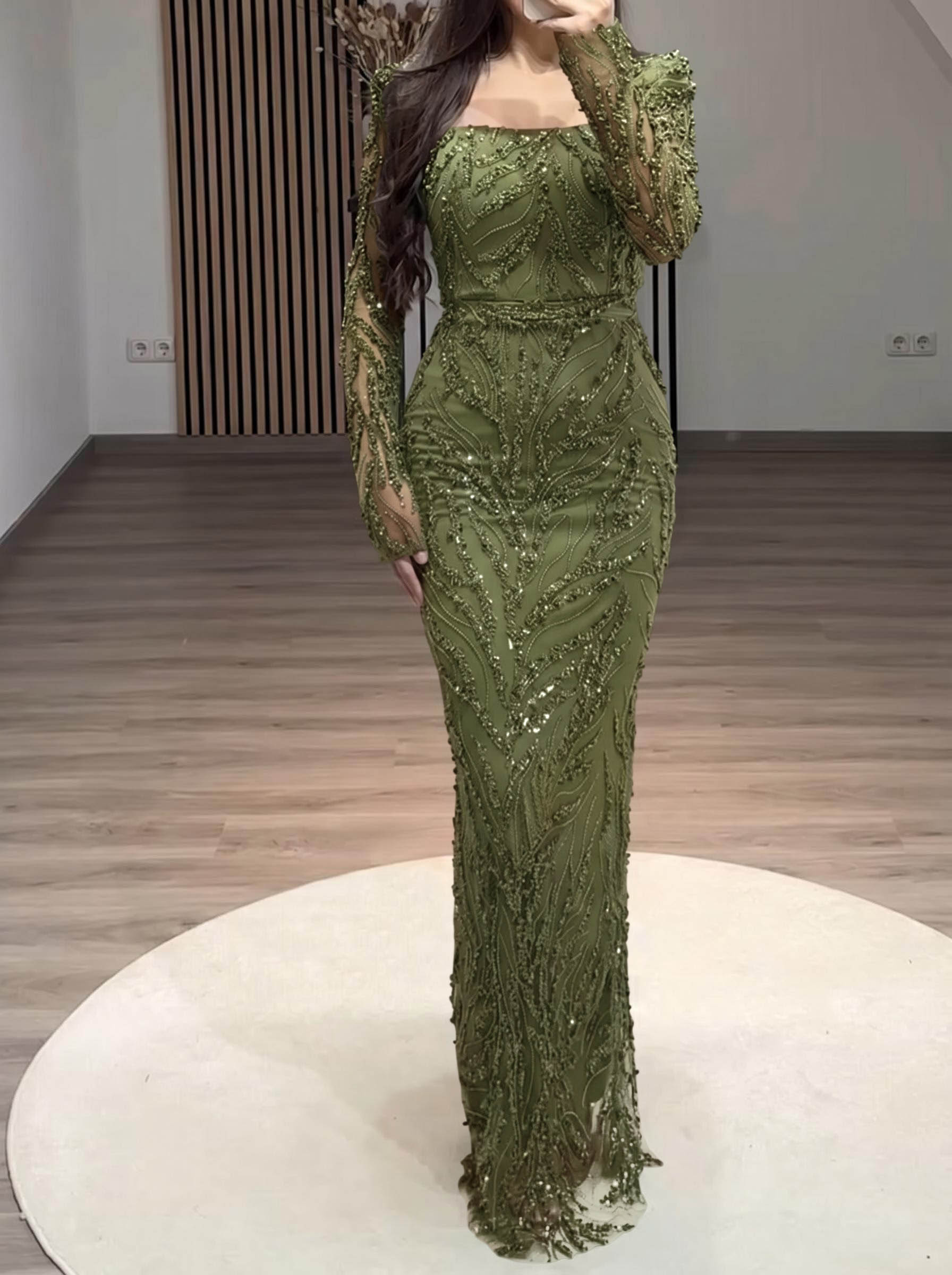 Sparkle & Shine Square Neckline Long Sleeves Back Slit Floor-Length Lace Evening Dresses