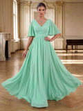 Elegant V-Neck Short Sleeves A-Line Floor-Length Chiffon Evening Dresses With Pleated