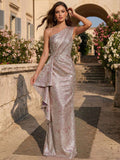 Sheath/Column One-Shoulder Sleeveless Floor-Length Jacquard Evening Dresses With Ruffle