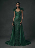 A-Line Scoop Neck Sleeveless Sweep Train Satin Sequined Evening Dresses With Sequins