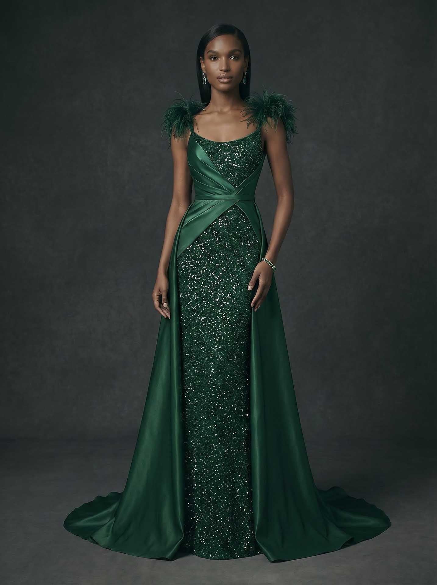 A-Line Scoop Neck Sleeveless Sweep Train Satin Sequined Evening Dresses With Sequins