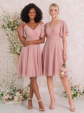 Sweet & Flow V-Neck Short Sleeves Knee-Length Chiffon Bridesmaid