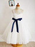 A-Line/Princess Illusion Neck Knee-Length Lace Tulle Flower Girl Dress With Sashes