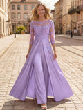 Jumpsuit/Pantsuit Scoop Neck 3/4 Sleeves Floor-Length Crepe Satin Mother Of The Bride Dresses With Lace/Overskirt Dress