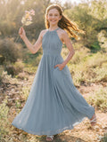 A-Line Halter Sleeveless Chiffon Junior Bridesmaid Dresses With Sash