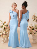 Sheath/Column One-Shoulder Floor-Length Satin Bridesmaid Dresses With Bow(s)