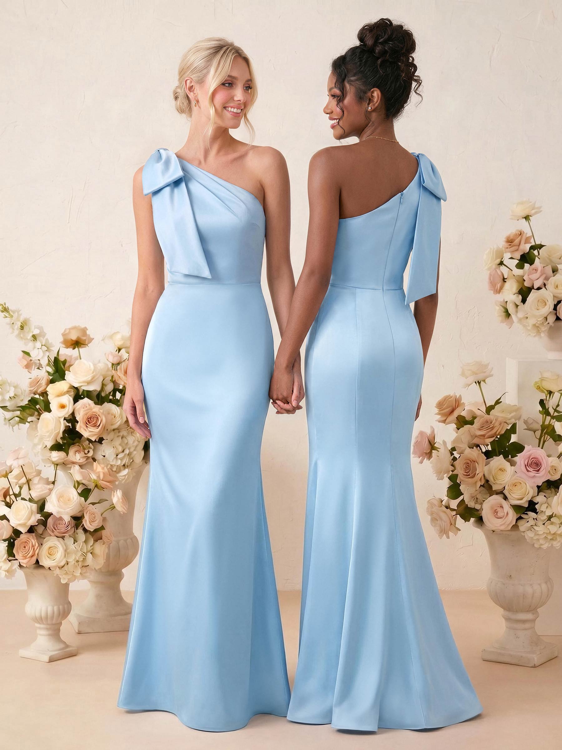 Sheath/Column One-Shoulder Floor-Length Satin Bridesmaid Dresses With Bow(s)
