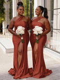 Trumpet/Mermaid One-Shoulder Sweep Train Stretch Satin Knit Bridesmaid Dresses With High Split