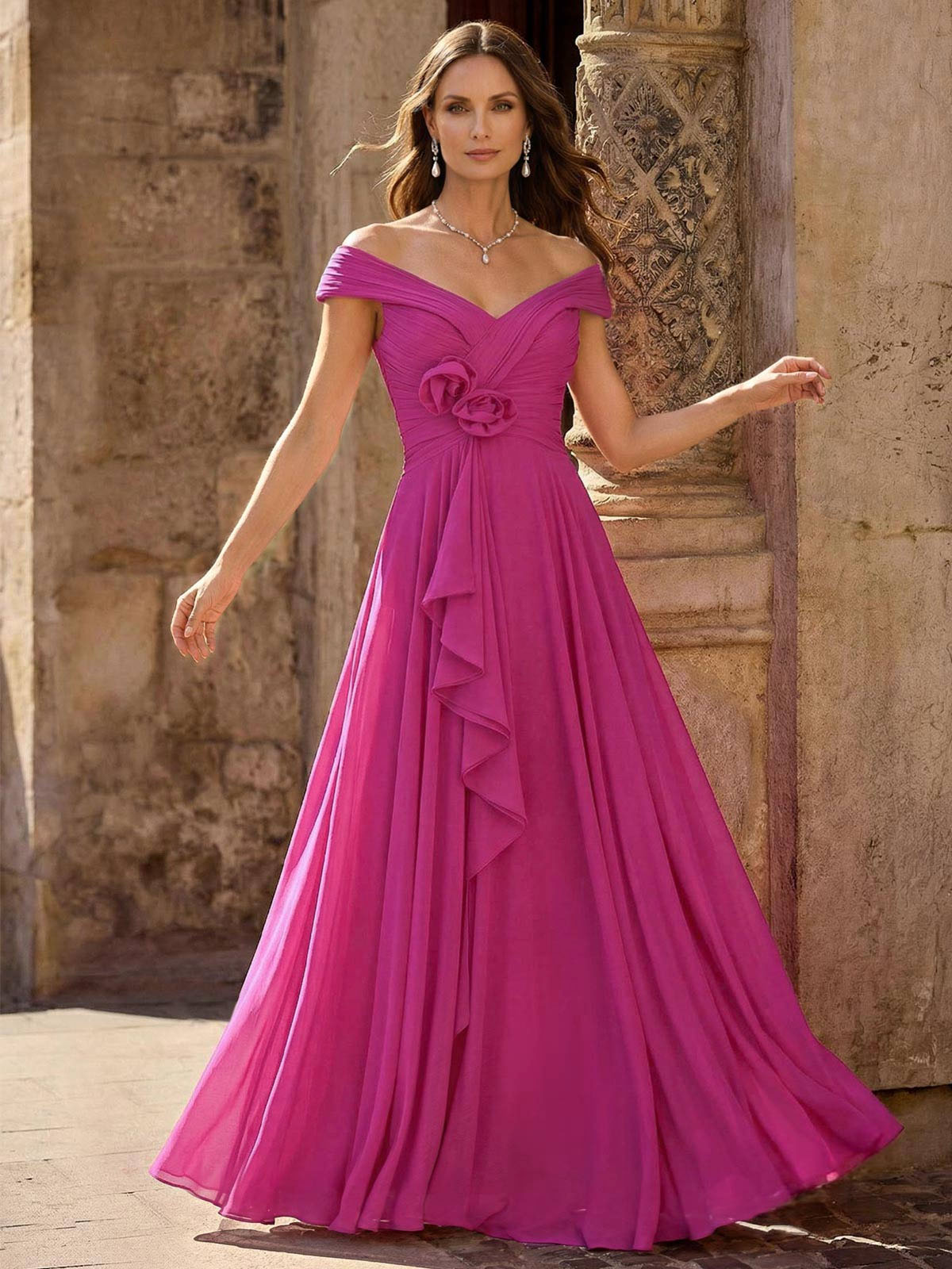 A-Line Off-The-Shoulder Sleeveless Floor-Length Chiffon Mother Of The Bride Dresses With Flower(s)