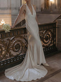 Ball-Gown Plunge Neck Sleeveless Chapel Train Crepe Satin Bride Wedding Dress
