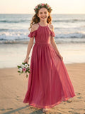 A-Line Off-The-Shoulder Sleeveless Floor-Length Chiffon Junior Bridesmaid Dresses With Pockets/Pleated/Shoulder Ruffle
