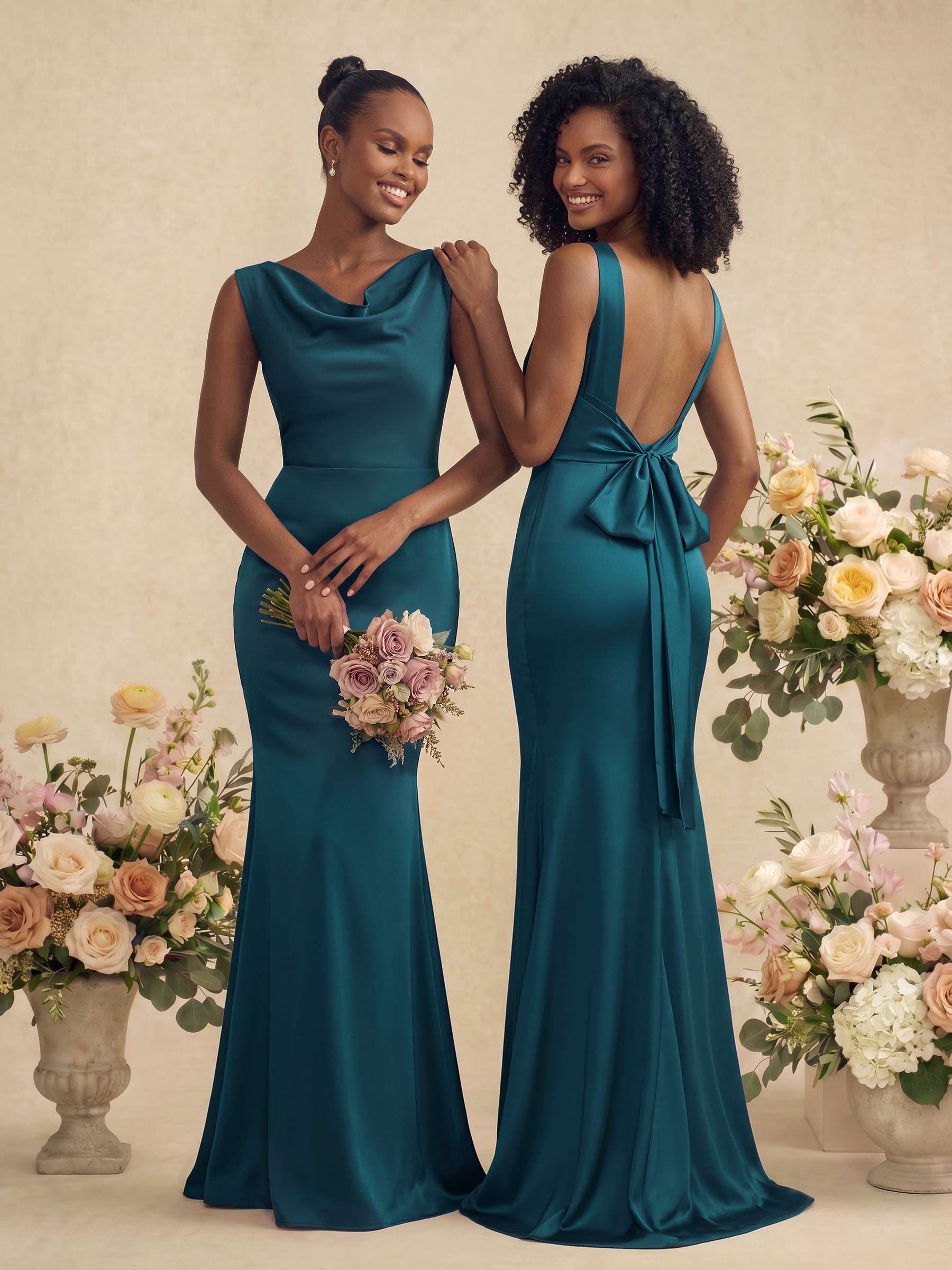 Trumpet/Mermaid Cowl Neck Sleeveless Stretch Satin Bridesmaid Dresses With Bow(s)
